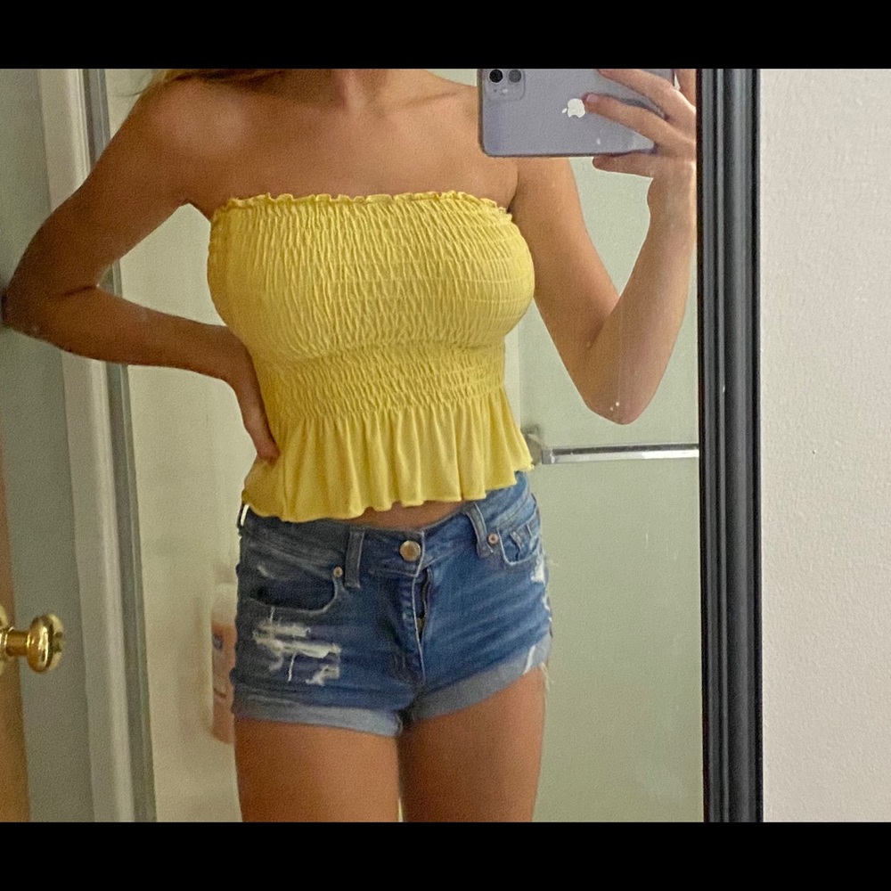 Bright yellow tube top!
